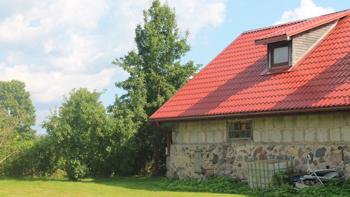 Charming rustic barn with a distinct red roof surrounded by lush greenery and blue skies.